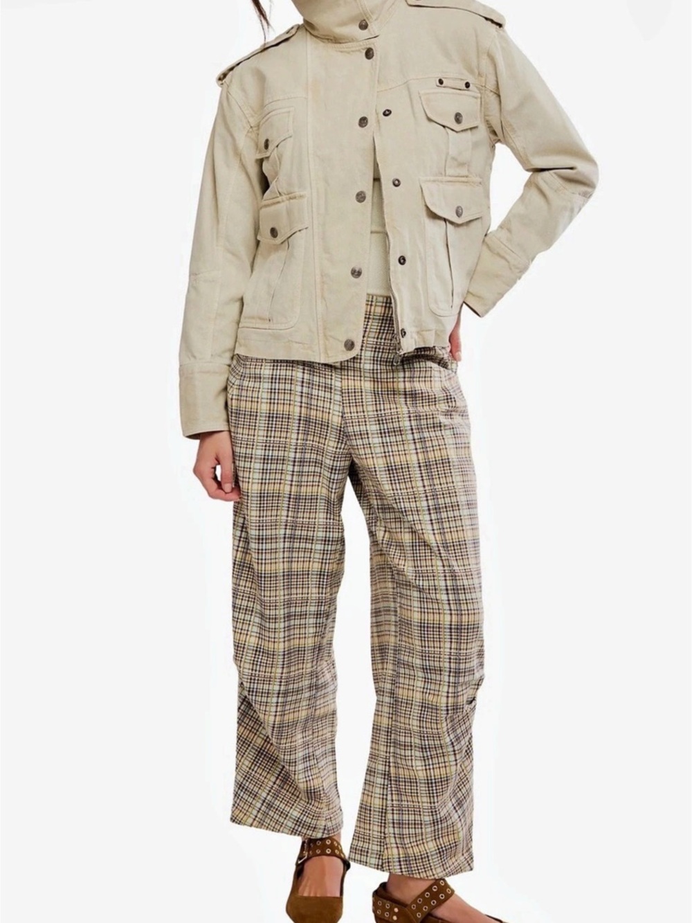 Free People Nice Choice Plaid Pull-On Pants Brown & Cream